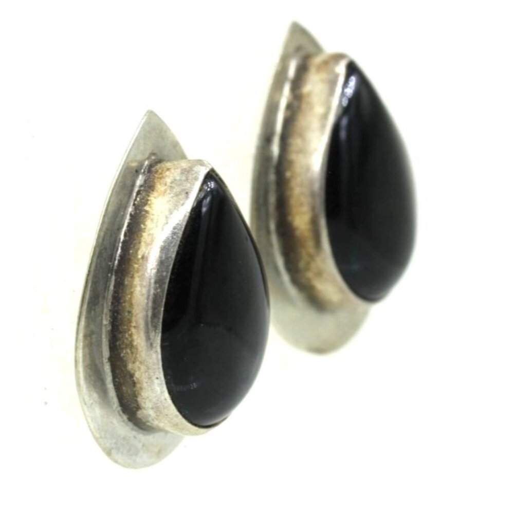 925 STERLING vintage Southwest style black onyx teardrop post earrings 12 gr 1"